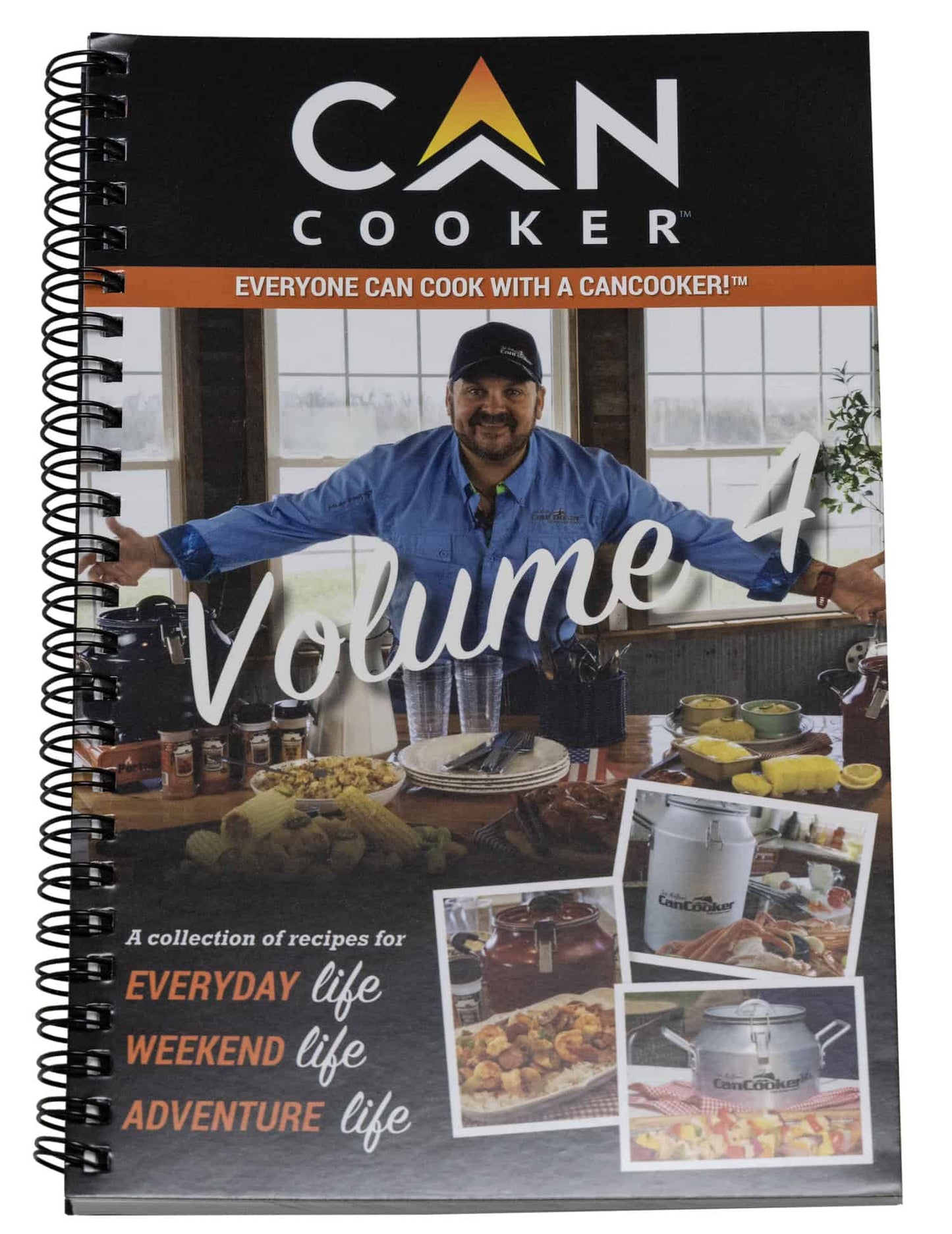 Front cover of CanCooker Cookbook Volume IV with vibrant food images and tagline promoting recipes for all lifestyles using CanCooker.