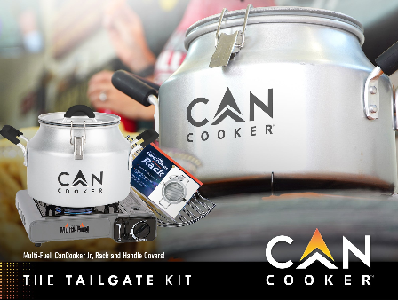 Tailgate Kit with CanCooker Jr., multi-fuel burner, rack, and handle covers, ideal for outdoor cooking and tailgating.